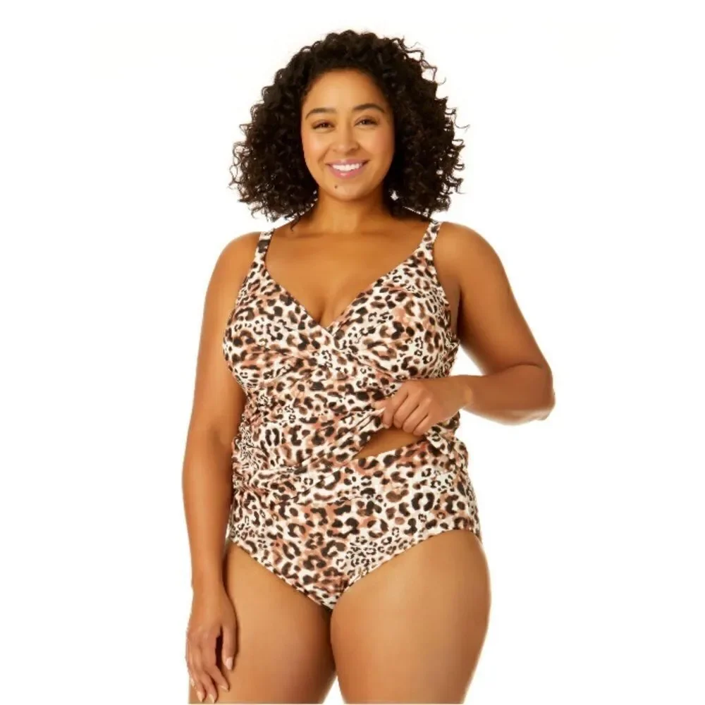 Leopard Print Knit Tankini Top & High Waist Bikini Bottoms Swimsuit Size 3X